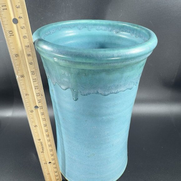 1995 Galena Pottery Company Large Heavy Vase Vessel Turquoise Drip Glaze Signed - Picture 3 of 16